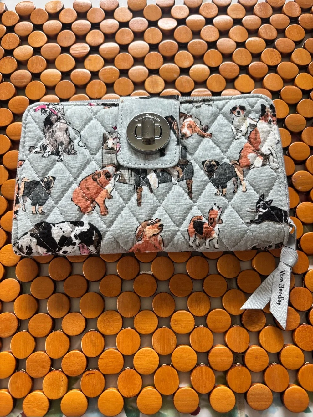 Vera Bradley Quilted Light Gray Wallet with Multicolored Dog Print - Picture 1 of 6